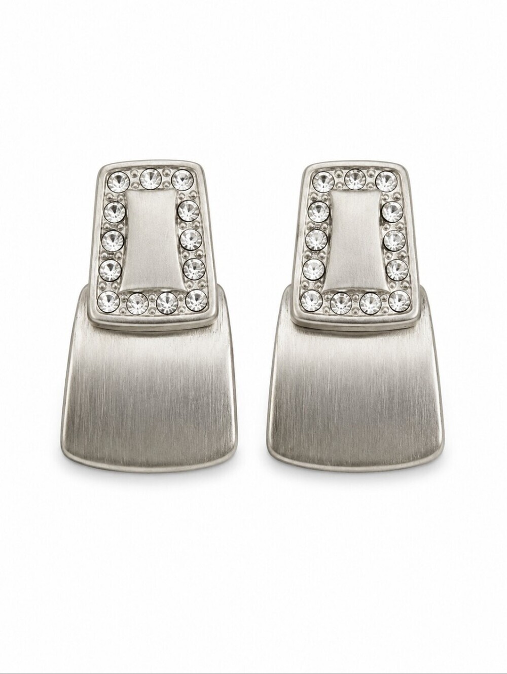 Vtg JS Matte Silvertone Rhinestone Curved Doorknocker Earrings FLAWED